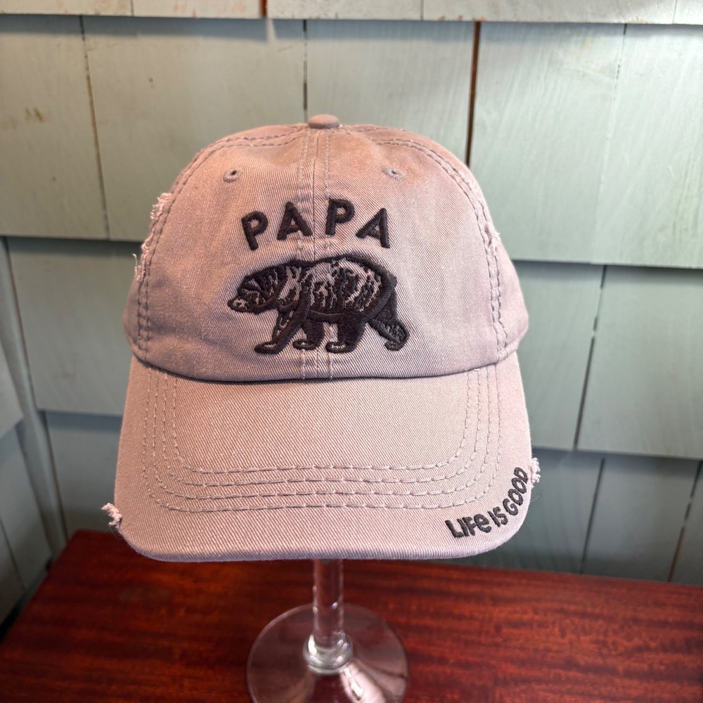 Life is Good Mens Papa Bear Embroidered Distressed Baseball Hat Grey Adjustable